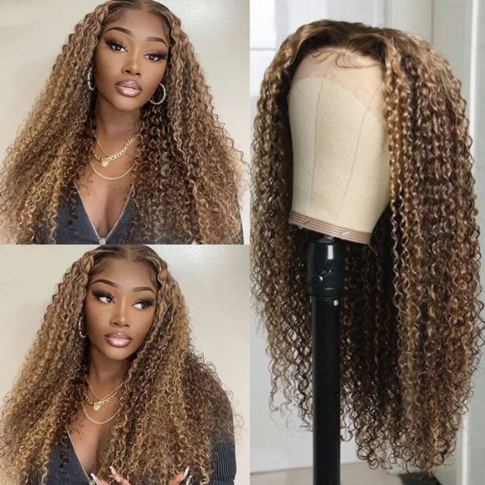 Kriyya Highlight 13X5 T Part Bouncy Curly Lace Front Wigs Middle Part Virgin Human Hair Wigs With Baby Hair