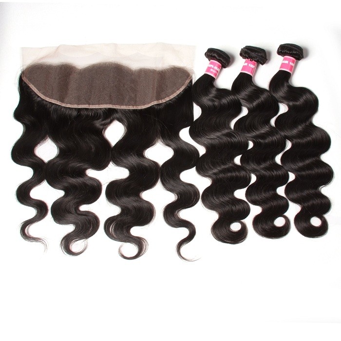 Kriyya 3 Pcs Brazilian Virgin Human Hair Body Wave With 13*4 Lace Frontal