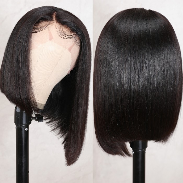 Kriyya Human Hair Bob Wigs With Side Part Short Blunt Cut  Lace Front Wig Asymmetric Bob Wigs
