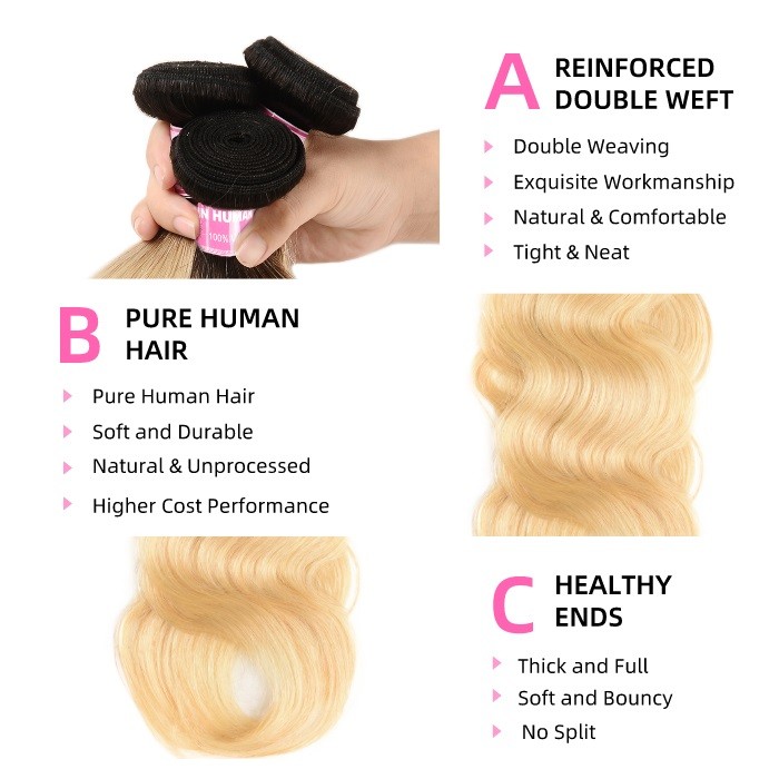 Kriyya Body Wave 100 Human Hair 3 Bundles Malaysian Hair T1B/613 Ombre