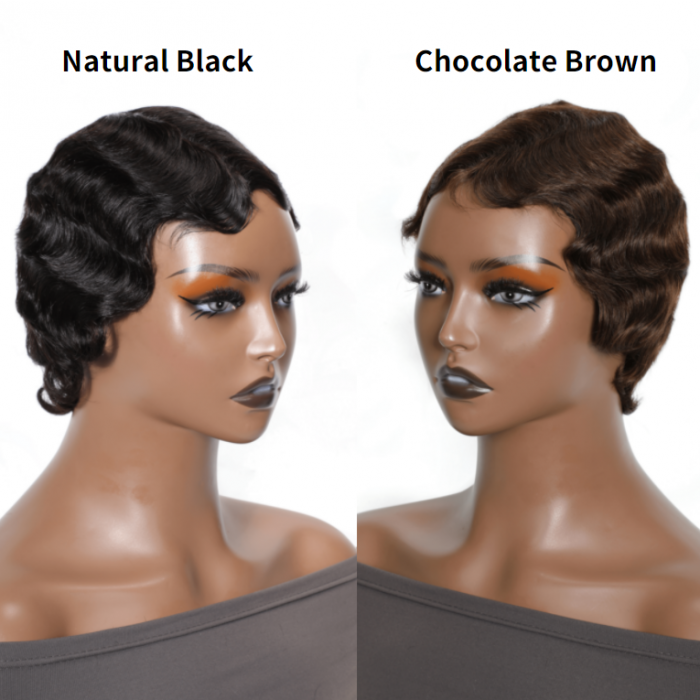 Kriyya Finger Waves Short Pixie Cut Wig Ocean Wave Human Hair Machine Made Wigs