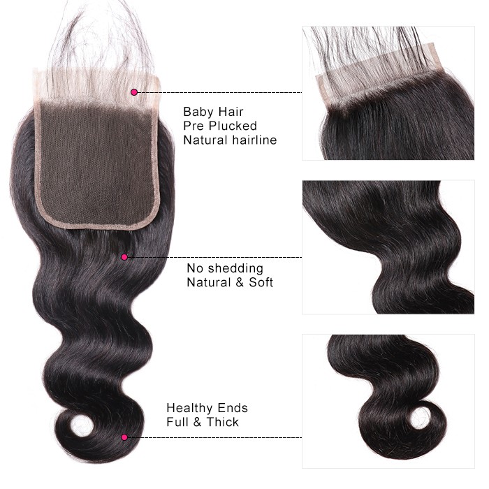 Kriyya Body Wave Virgin Remy Hair 4x4 Lace Closure Natural Color