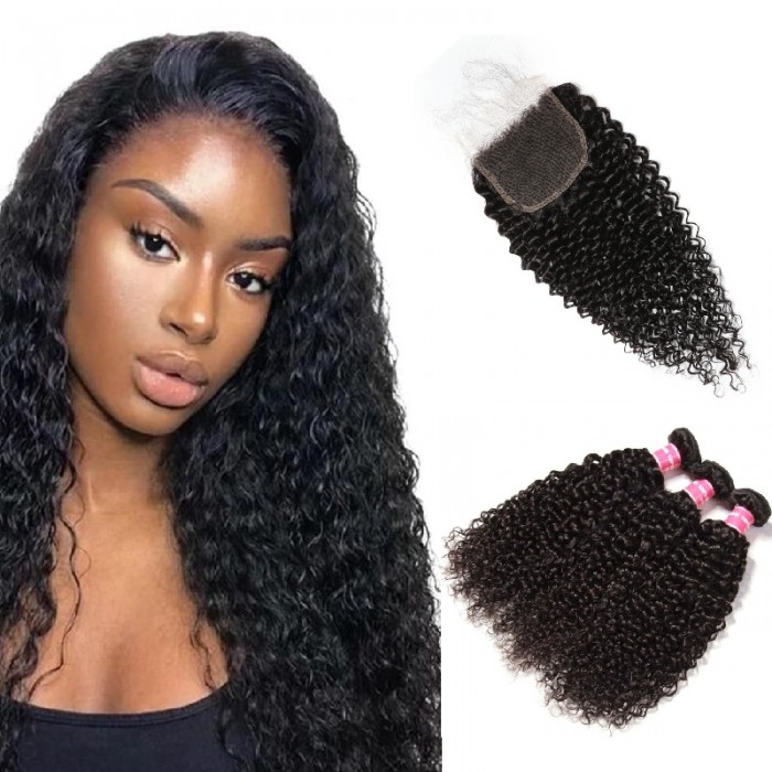 Kriyya Brazilian Jerry Curly Hair Weave 3 Bundles With 5x5 HD Transparent Lace Closure