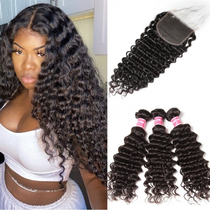 Kriyya Brazilian Deep Wave Hair Weave 3 Bundles With 5x5 HD Transparent Lace Closure