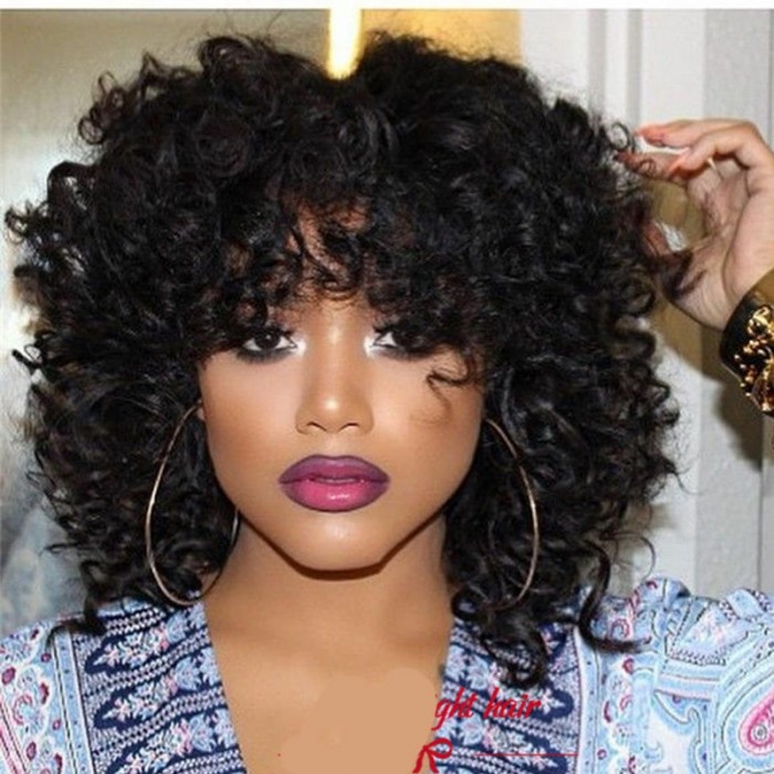 Kriyya Bouncy Curly Short Pixie Cut Wig With Bangs Fluffy Curls Human Hair Machine Made Wigs