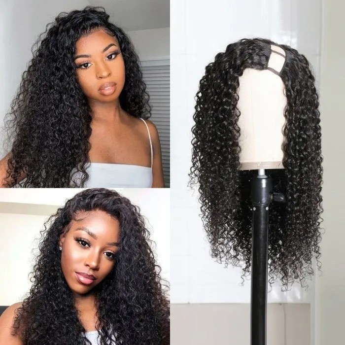 Kriyya Jerry Curly Brazilian U Part Wig Human Hair 2X4 Left Part Natural Black
