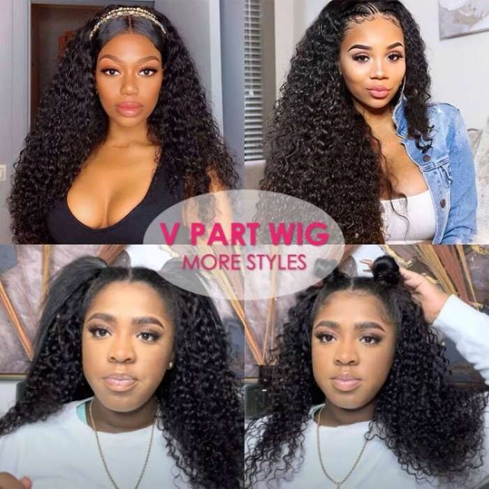 Flash Sale 14 Inch V Part Human Hair Kinky Curly Glueless Wigs