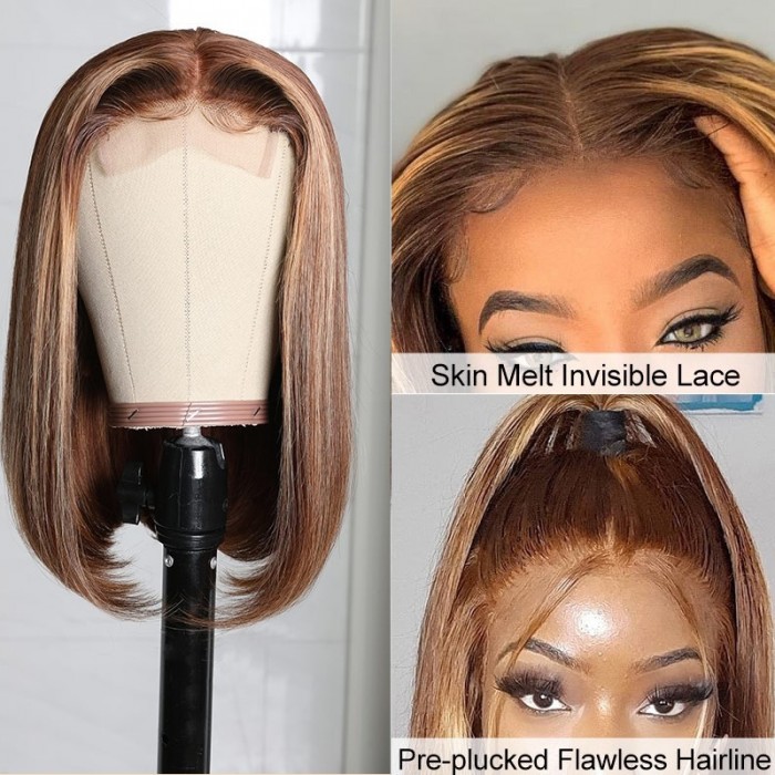 Kriyya Fall Vibes Honey Blonde Highlight Bob Wigs Human Hair TL412# Color Middle Part Lace Part Wigs 150% Density