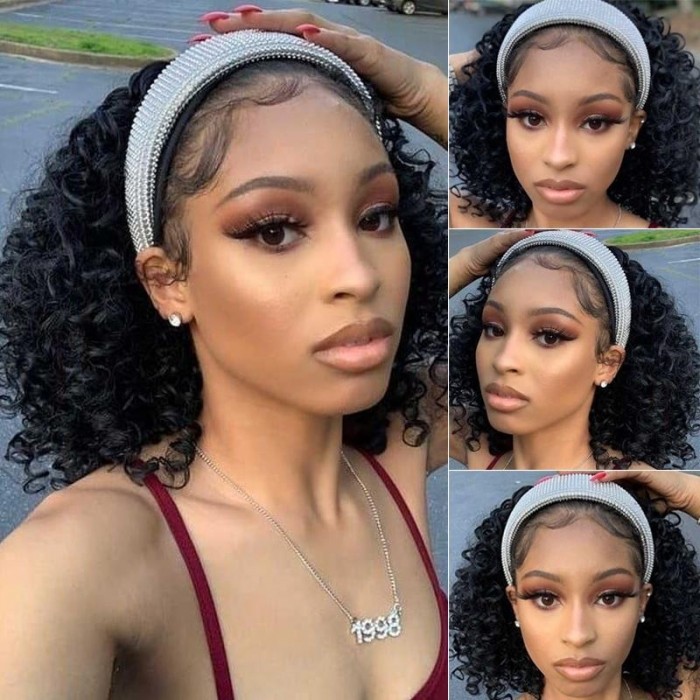 Kriyya Remy Water Wave Headband Short Bob Wig 150% Density Natural Color