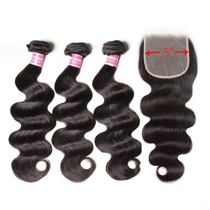 Kriyya Body Wave 100% Virgin Hair 3 Bundles With Transparent Lace Closure 5*5 Inch Indian Hair