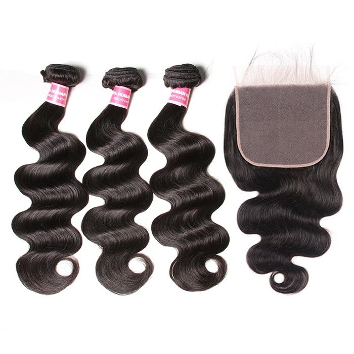 Kriyya Indian Body Wave Remy Human Hair 3 Bundles With 7*7 Lace Closure