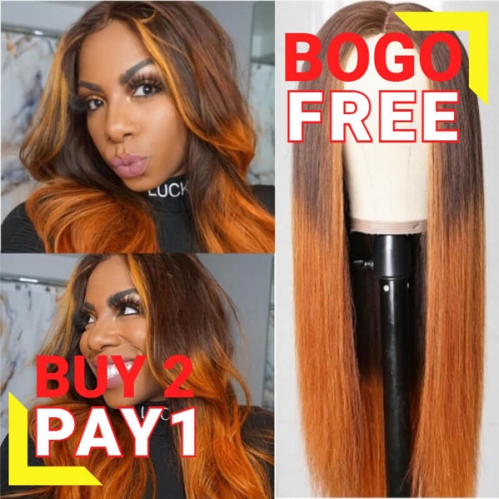 BOGO Sale ~ Kriyya Straight Lace Closure Wig Copper Red Ombre Color