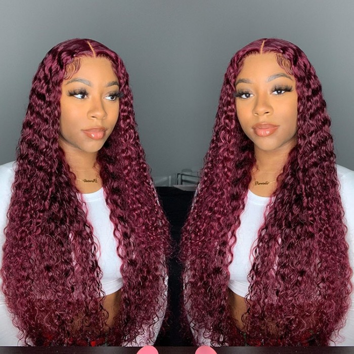 Kriyya 99J Burgundy Lace Part Wig Colored Curly Wigs 4x0.75 Human Hair Wig Pre-Plucked