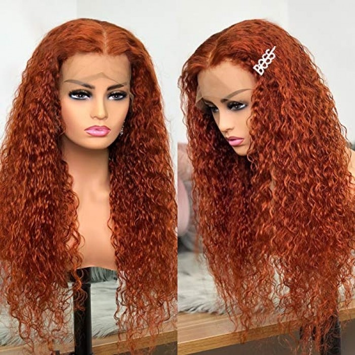 Kriyya Burnt Orange Hair Wet and Wavy Water Wave Human Hair Colored Wig 13x5 T-Part Middle Part Lace Front Wig