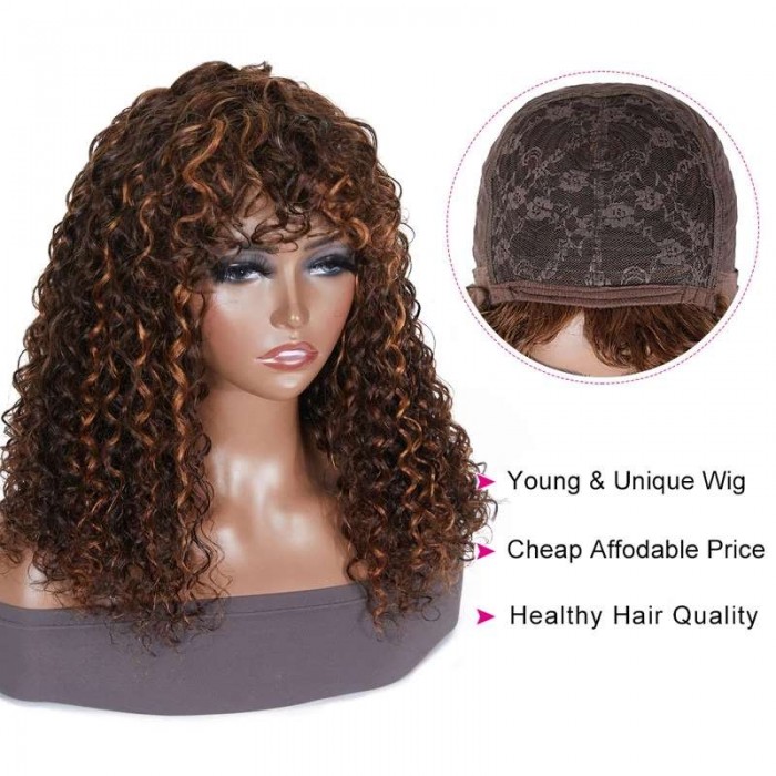 Kriyya Highlight Brown Deep Wave Wig Color #F430 Machine Made Human Hair Wigs With Bangs
