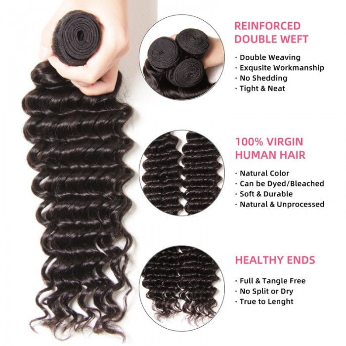 Kriyya Peruvian Deep Wave 3 Bundle Deals Human Hair Weave 9A Virgin Hair