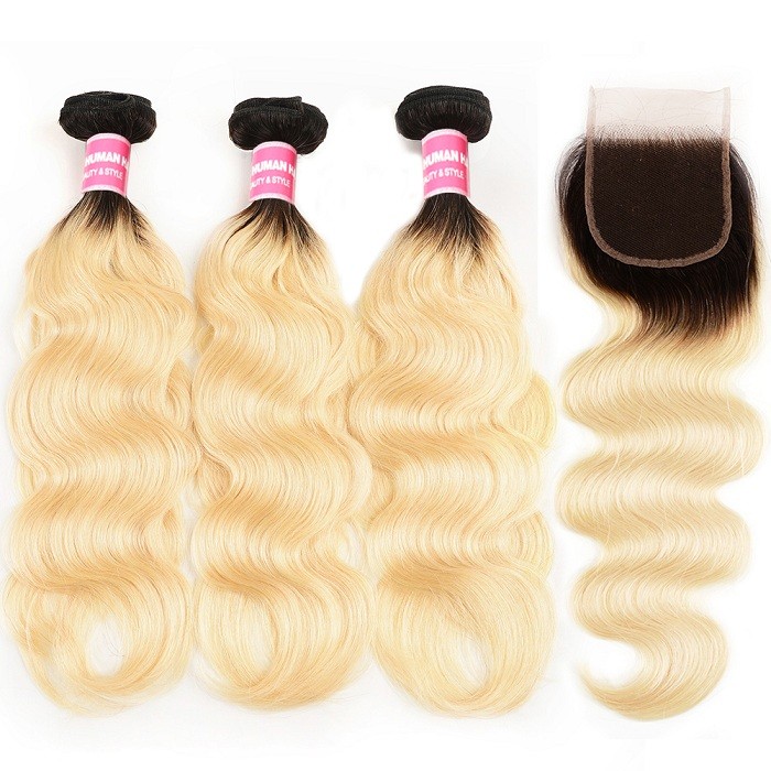 Kriyya 3 Bundles T1B/613 Ombre Peruvian Body Wave Virgin Hair With 4x4 Inch Lace Closure