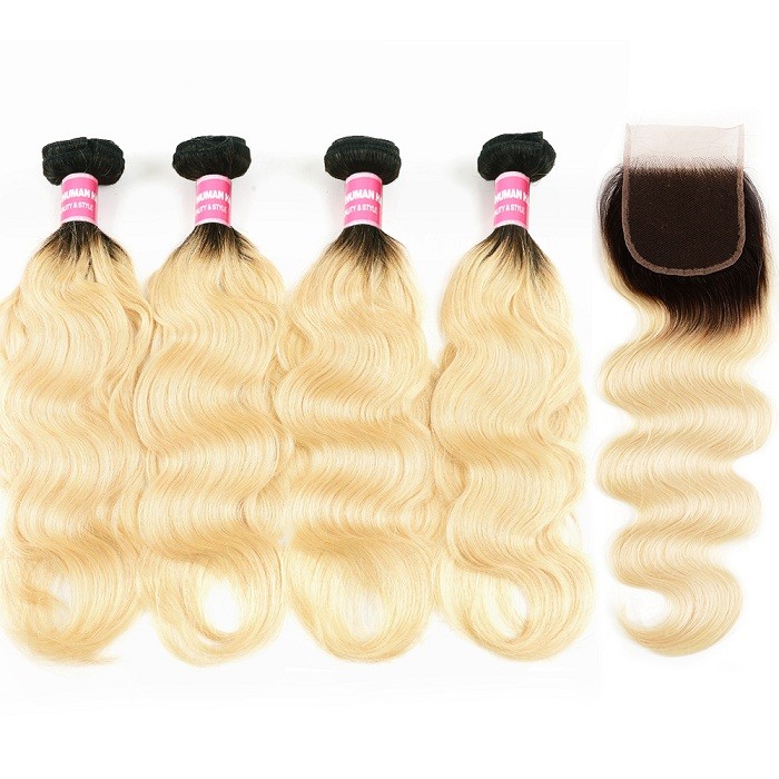 Kriyya Body Wave 4 Bundles With Lace Closure T1B/613 Ombre Brazilian Virgin Hair