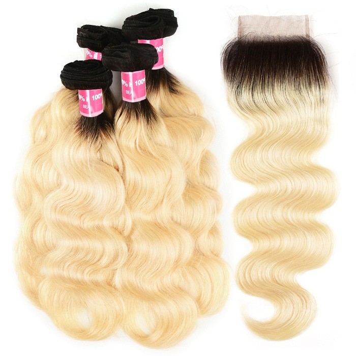 Kriyya Indian Hair T1B/613 Ombre Body Wave 4 Bundles With Lace Closure 4x4 Inch