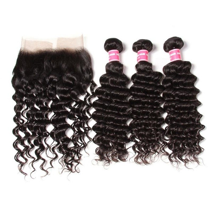 Kriyya 3 Bundles Deep Wave Virgin Hair With 13*4 Lace Frontal Brazilian Human Hair