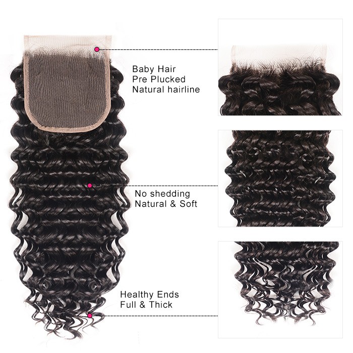 Kriyya Brazilian Deep Wave Human Hair 4X4 Closure With 3 Bundles Deals