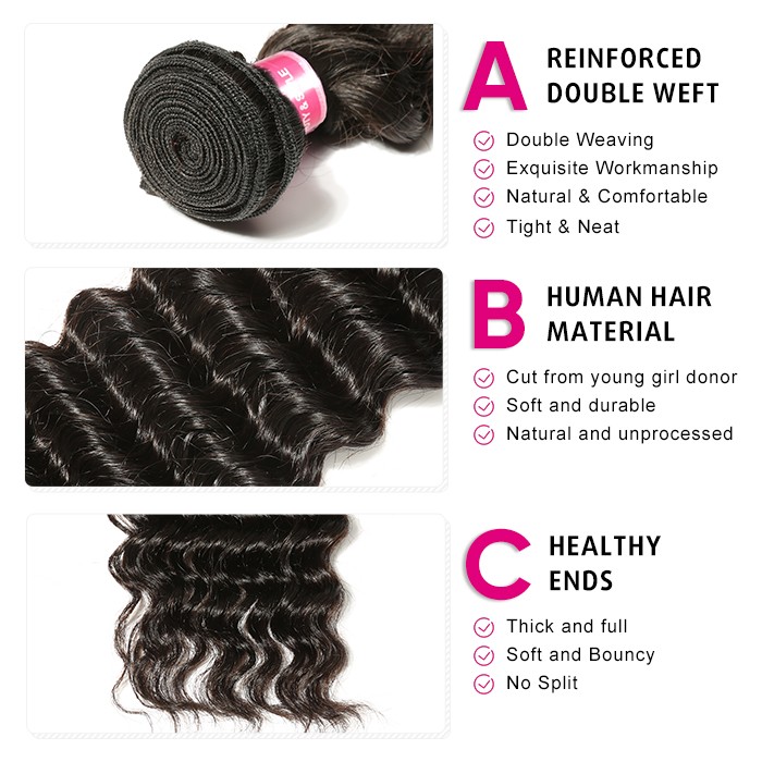 Kriyya 3 Bundles Deep Wave Virgin Hair With 13*4 Lace Frontal Brazilian Human Hair