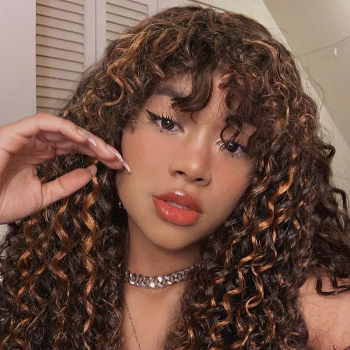 Kriyya Highlight Brown Deep Wave Wig Color #F430 Machine Made Human Hair Wigs With Bangs