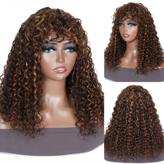 Kriyya Highlight Brown Deep Wave Wig Color #F430 Machine Made Human Hair Wigs With Bangs