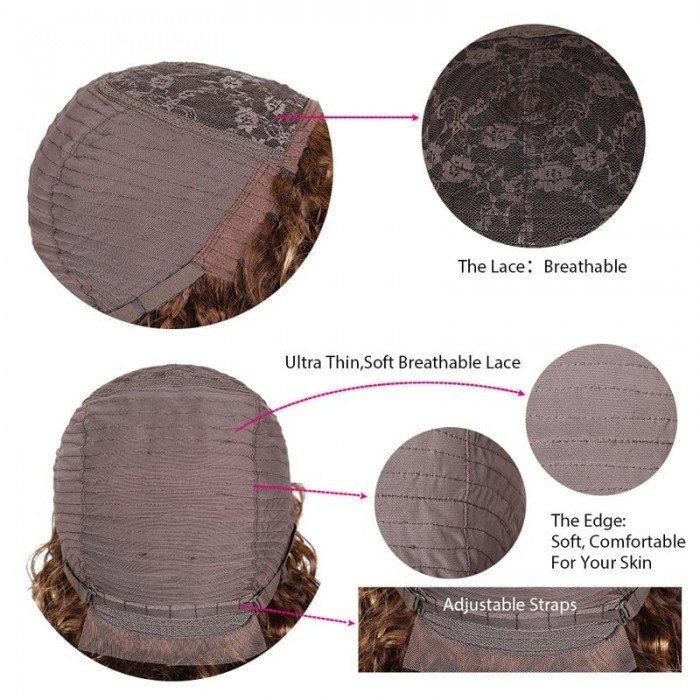 Kriyya Highlight Brown Deep Wave Wig Color #F430 Machine Made Human Hair Wigs With Bangs