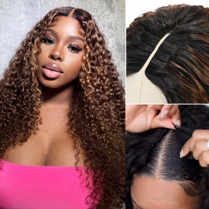 Kriyya 16 inch V Part Curly Wig Beyoncé Inspired Highlight Upgrade U Part Wig No Leave Out Human Hair Wig