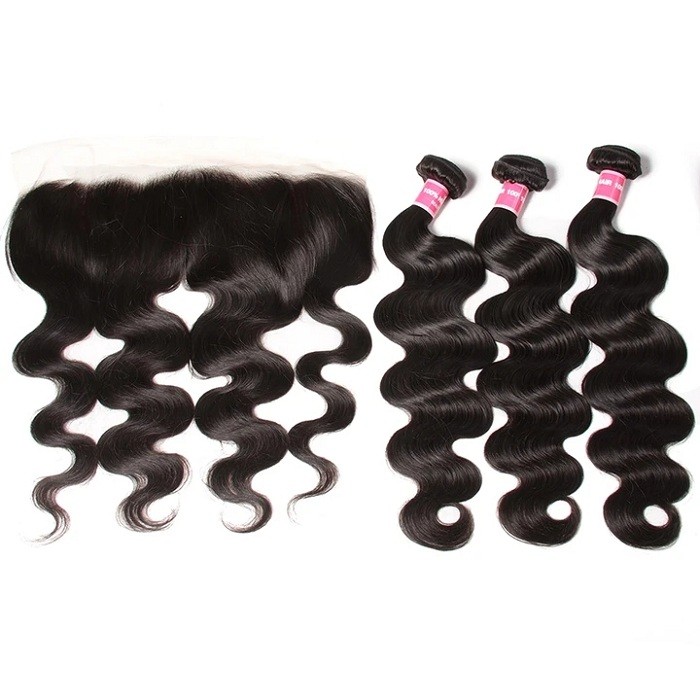 Kriyya Body Wave Unprocessed Human Hair 3 Bundles With Transparent Lace Closure 13*4 Inch Peruvian Hair