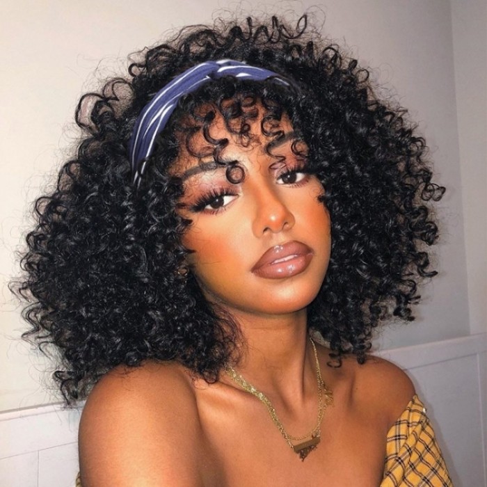 Kriyya Headband Wigs Jerry Curly Bob Wig With Removable Bangs Glueless Human Hair Wigs 150% Density