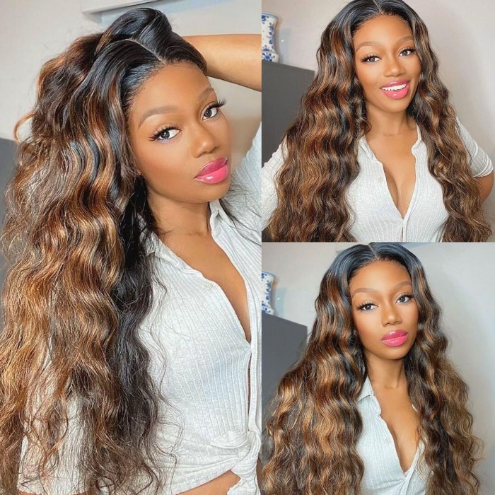 Kriyya #FB30 Bronde Highlight Straight Human Hair wigs T Part Lace Wigs 150% Density Middle Part Lace Wig