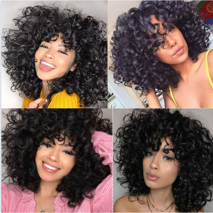 Kriyya Bouncy Curly Short Pixie Cut Wig With Bangs Fluffy Curls Human Hair Machine Made Wigs