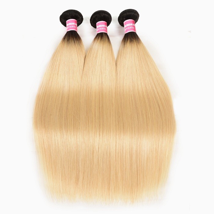 Kriyya Malaysian 3 Pcs T1B/613 Ombre Blonde Straight Virgin Human Hair With 4x4 Lace Closure