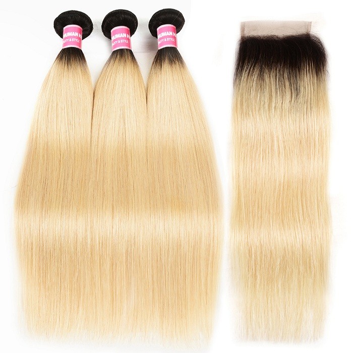 Kriyya Brazilian Human Hair 3 Bundles With 4x4 Lace Closure T1B/613 Color Straight Hair