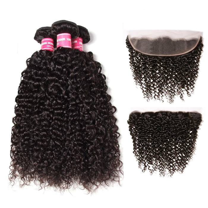 Kriyya Brazilian Virgin Human Hair Jerry Curly 3 Bundles With 13*4 Transparent Lace Frontal