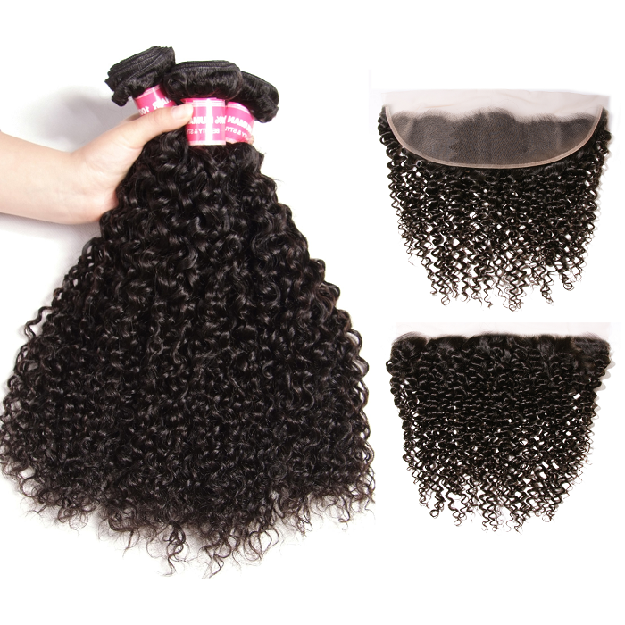 Kriyya Peruvian Unprocessed Virgin Hair 3 Bundles With Transparent Lace Closure 13*4 Inch Jerry Curly Hair