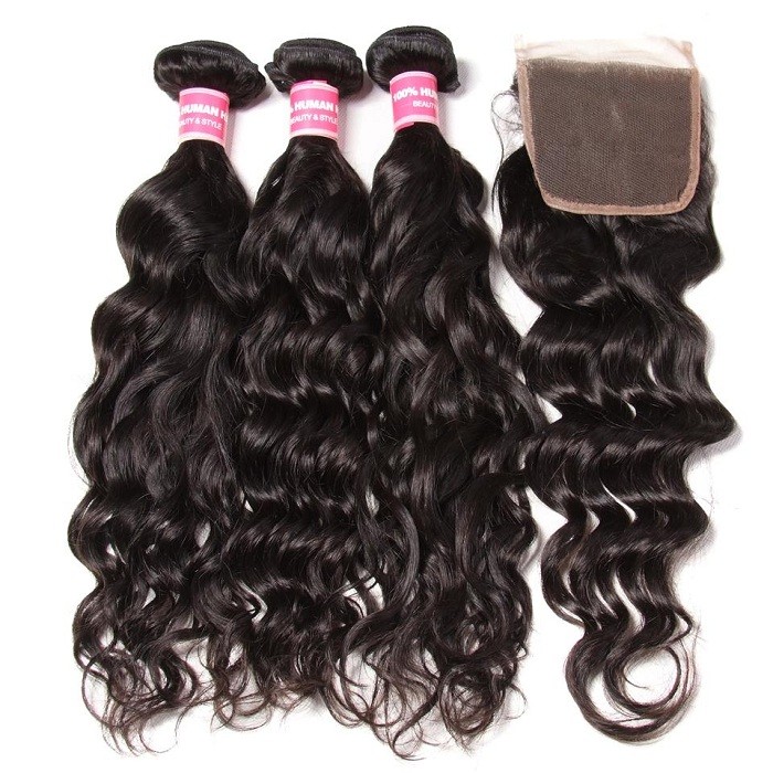 Kriyya Malaysian Natural Wave Remy Human Hair 3 Bundles With 4*4 Lace Closure