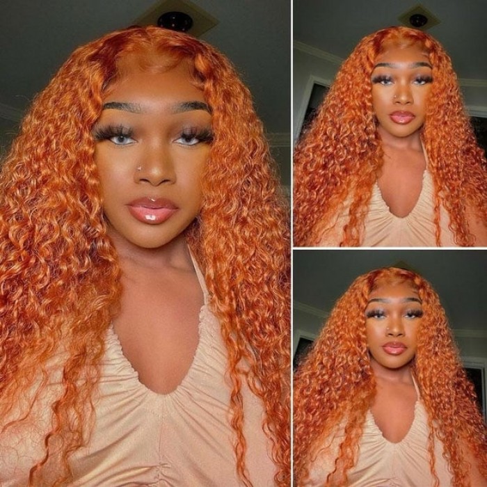 Kriyya Orange Ginger Colored Curly Wig 4X0.75 Middle Lace Part Human Hair Wig 150% Density