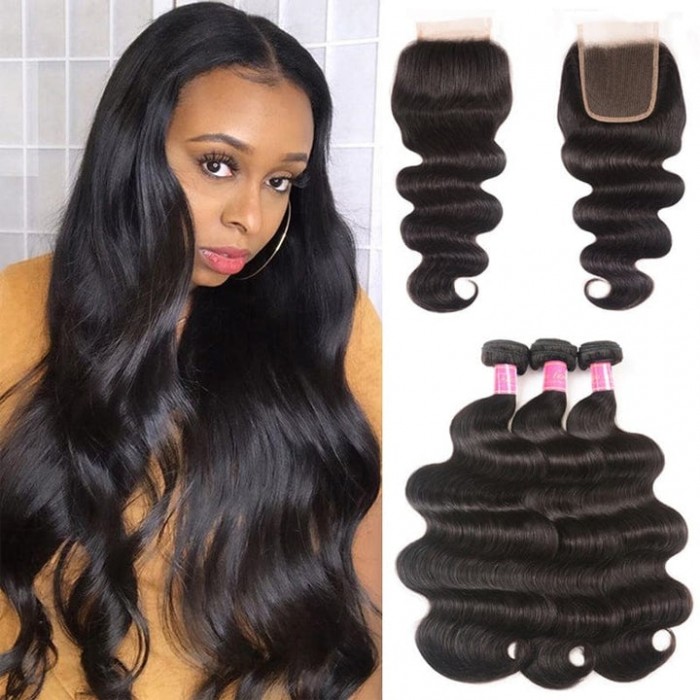 Kriyya Best Malaysian Body Wave Weave 3 Bundles With 4X4 Lace Closure Sew In