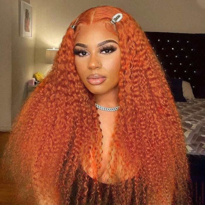 Kriyya Ginger Color Jerry Curly Human Hair Wigs Middle Lace Part Wigs At A Favorable Price