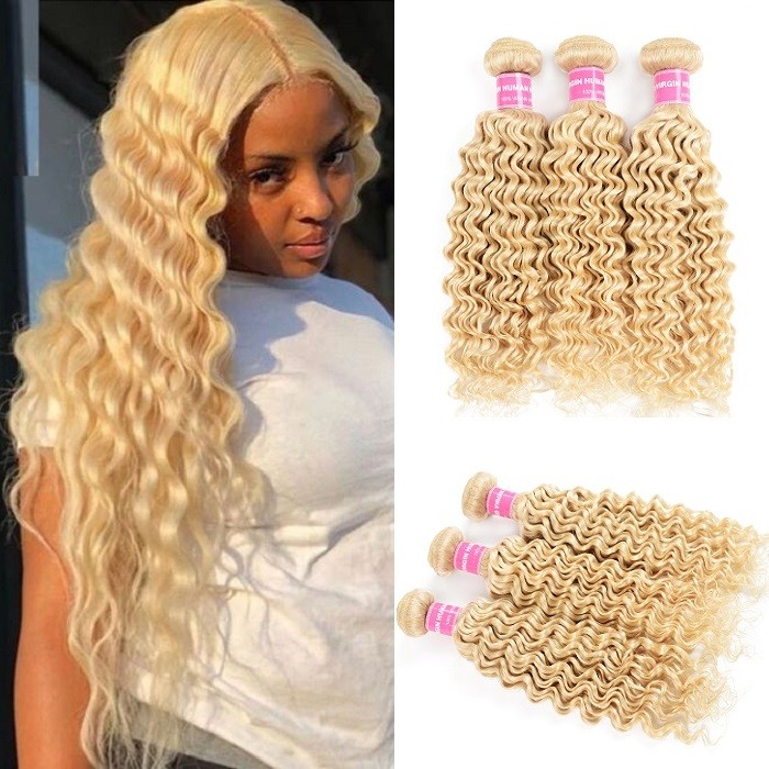Kriyya 3 Bundles Brazilian Deep Wave Human Hair Weave Hair 613 Color
