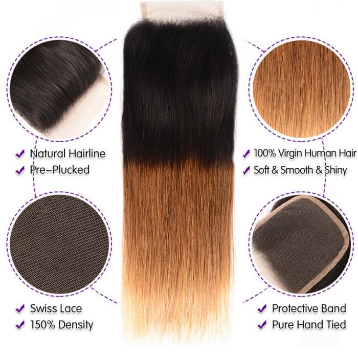 Kriyya 3 Pcs Straight Hair Bundles With 4x4 Lace Closure T1B/4/27 Ombre Malaysian Human Hair