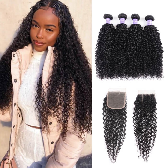 Kriyya 4 Bundles Indian Jerry Curly Hair Weave With Closure 4x4 Inch
