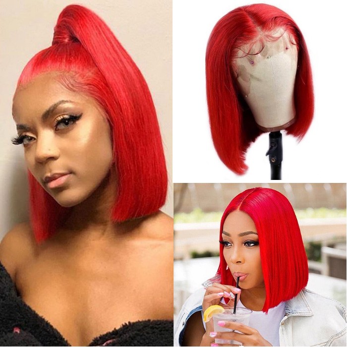 Kriyya Best Short Bob 13x4 Red Lace Front Wig Blunt Cut Human Hair Pre Plucked 150% Density 