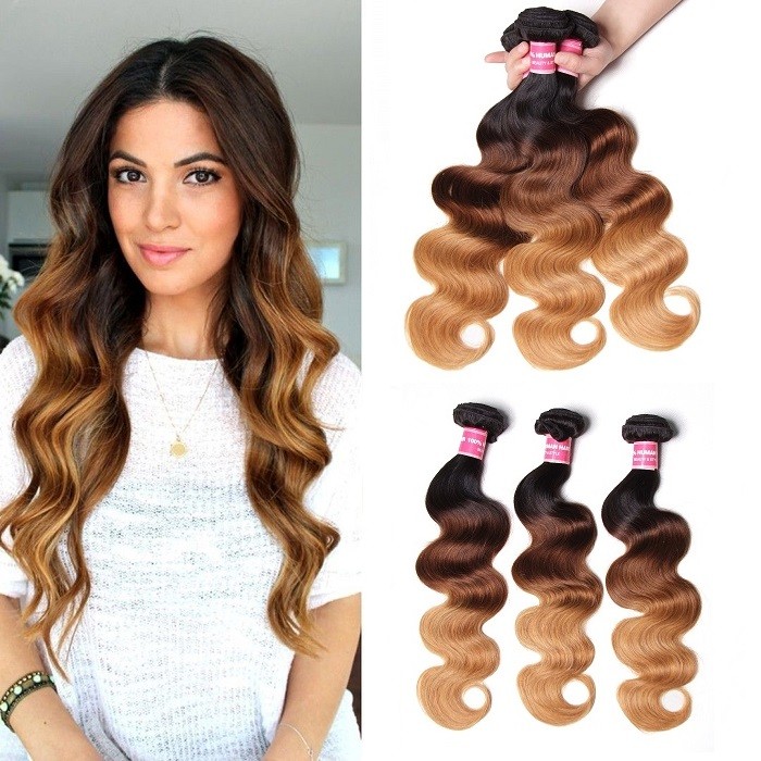 Kriyya Body Wave Ombre Hair T1B/4/27 3 Bundle Deals Peruvian Human Hair Weave