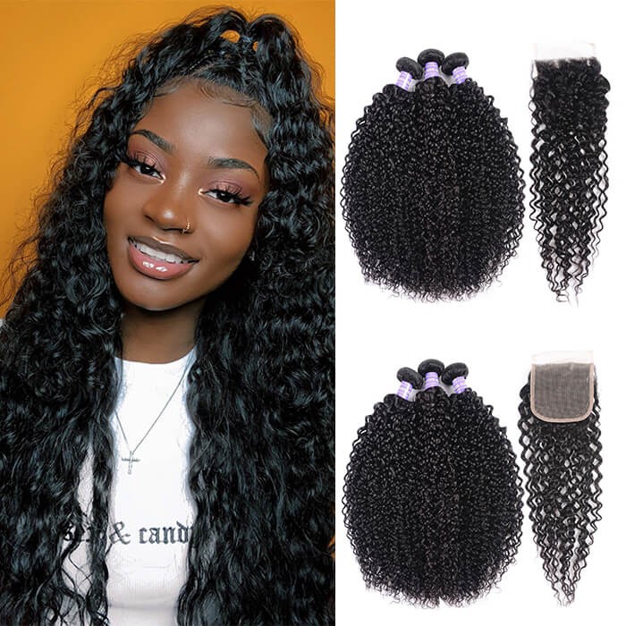 Kriyya 3 Bundles Jerry Curly Unprocessed Virgin Hair With 4*4 Lace Closure Malaysian Hair