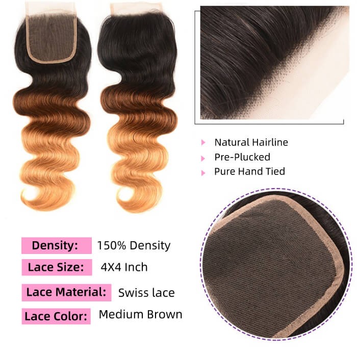 Kriyya Indian Virgin Hair Three Tone Ombre 4 Pcs Body Wave With 4x4 Lace Closure
