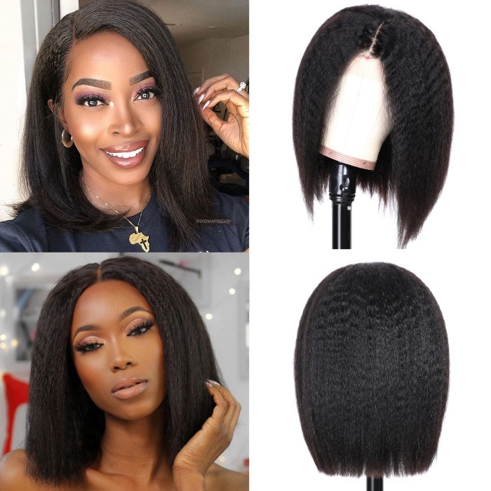 Kriyya Kinky Straight Bob Wig Pre-Plucked Human Hair Wigs With Baby Hair 150% Density Natural Color